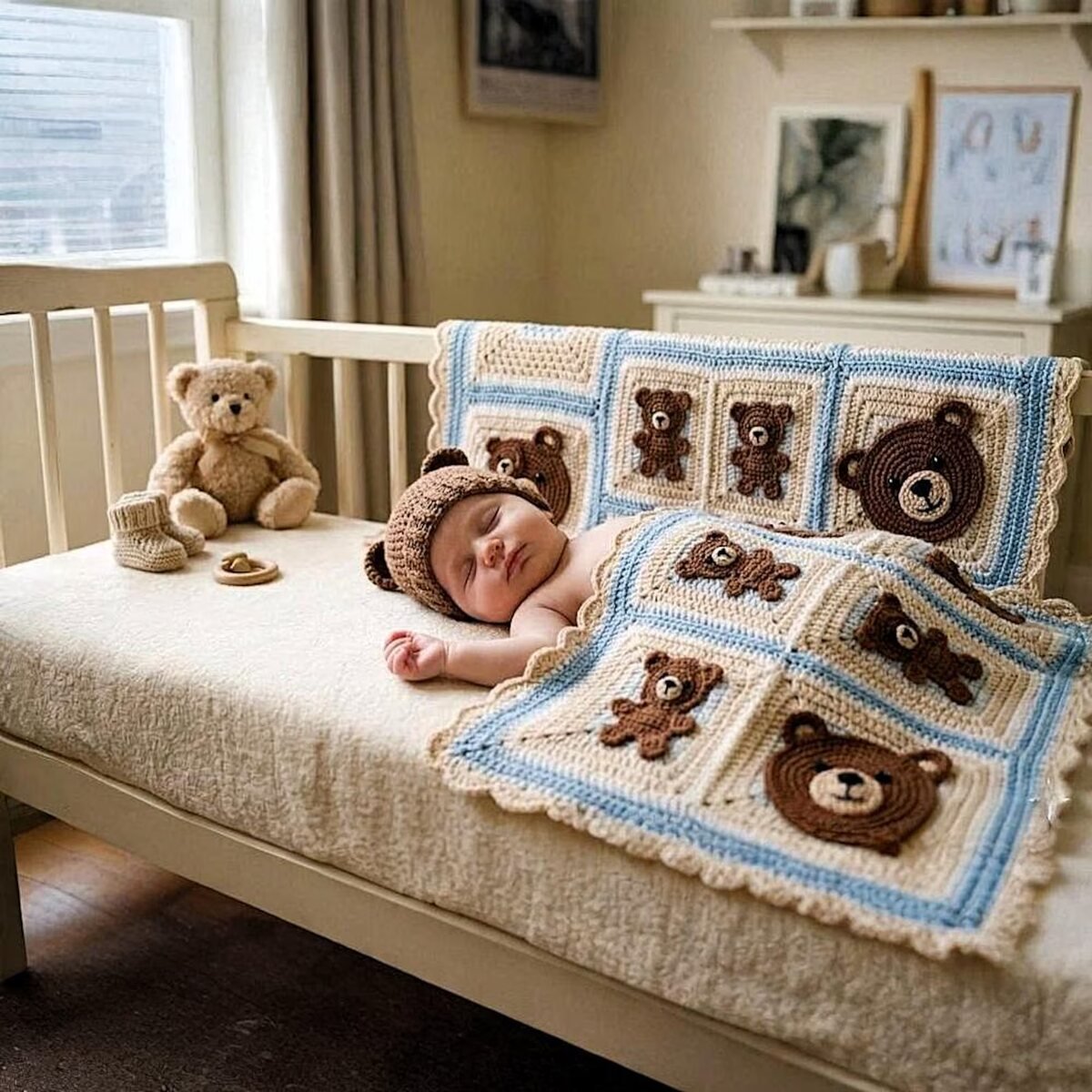 Teddy Bear Granny Square Baby Blanket
